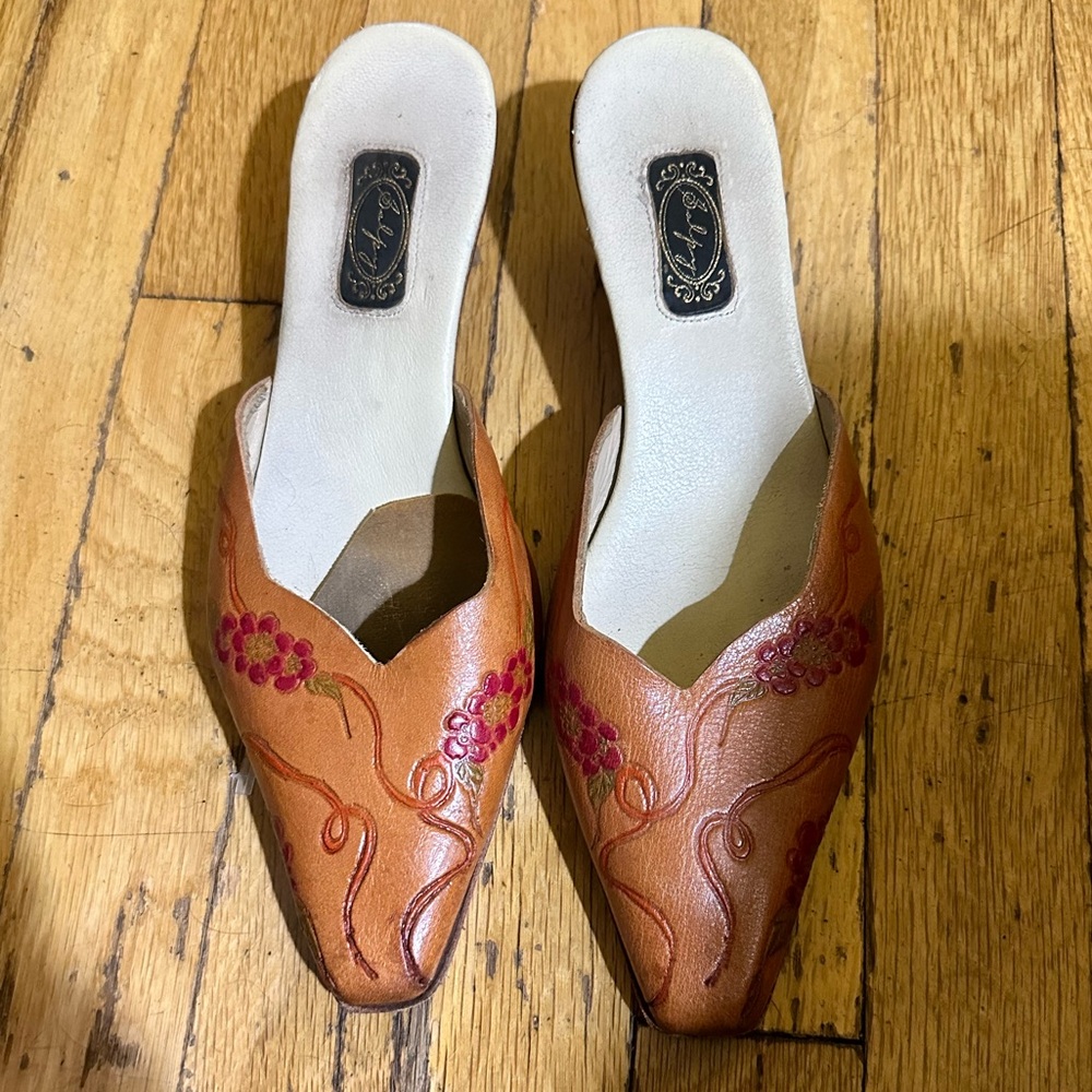 Salpy hand tooled and painted leather mules/clogs/slides